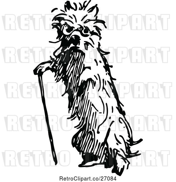 Vector Clip Art of Retro Old Dog with a Cane