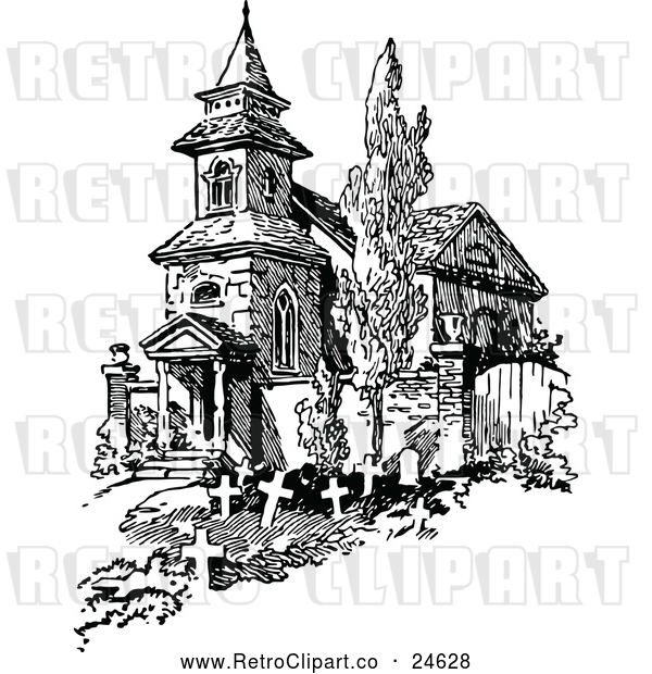 Vector Clip Art of Retro Old French Church and Graves