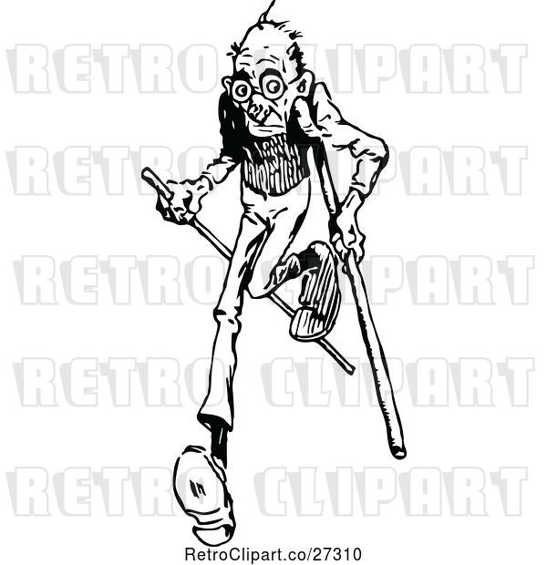 Vector Clip Art of Retro Old Guy Running with Canes