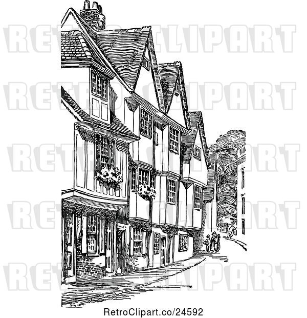 Vector Clip Art of Retro Old Houses on Silver Street in Cambridge Uk