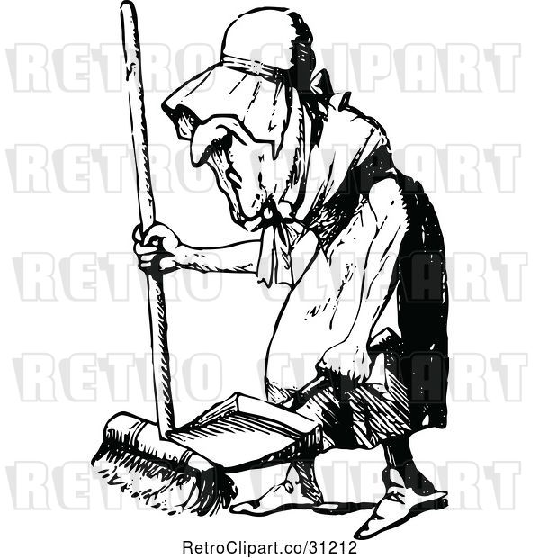 Vector Clip Art of Retro Old Lady Sweeping