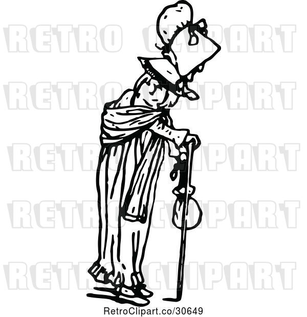 Vector Clip Art of Retro Old Lady Using a Cane