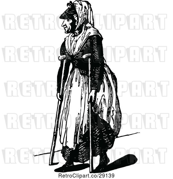 Vector Clip Art of Retro Old Lady Using Crutches