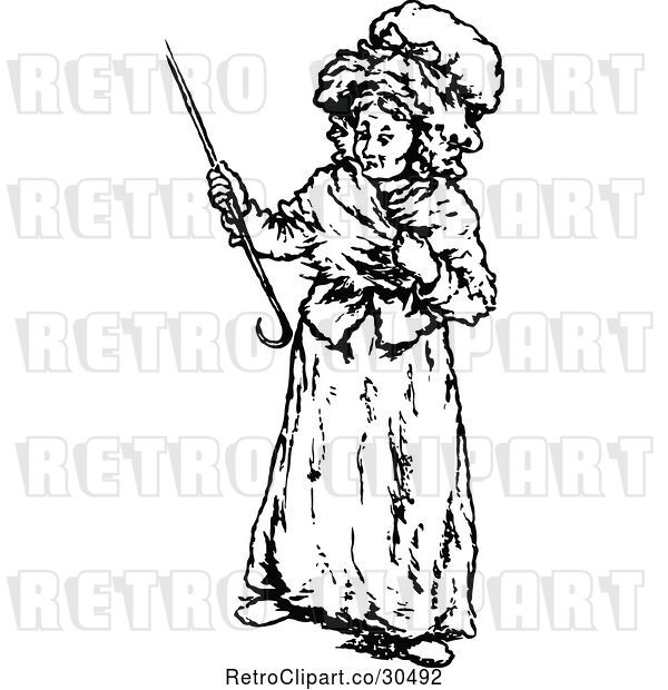 Vector Clip Art of Retro Old Lady with a Cane