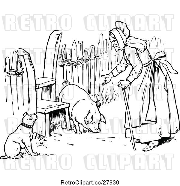 Vector Clip Art of Retro Old Lady with a Dog and Pig