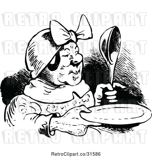 Vector Clip Art of Retro Old Lady with a Plate and Spoon
