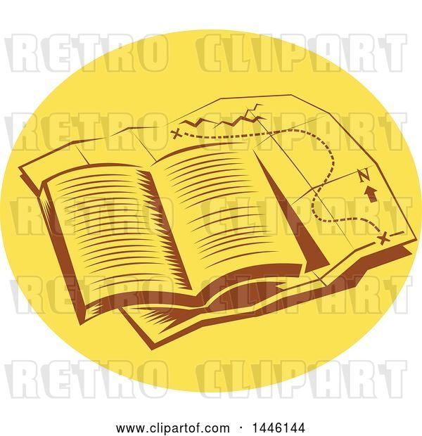 Vector Clip Art of Retro Open Book on Top of a Tail Map in an Oval