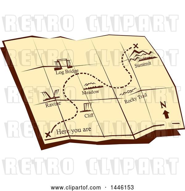 Vector Clip Art of Retro Open Foldable Hiking Trail Map with an X at a Summit