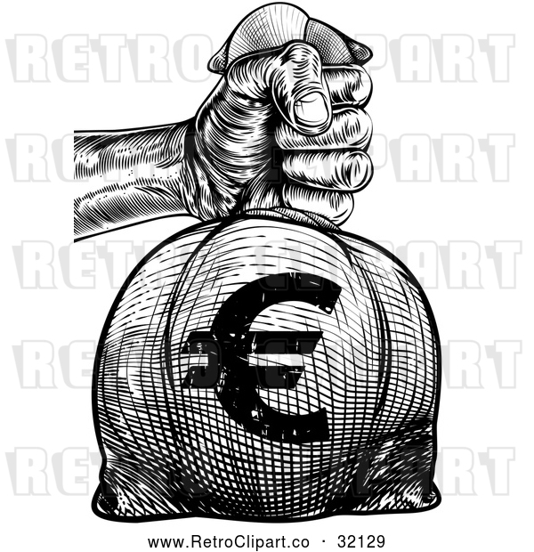 Vector Clip Art of Retro or Woodcut Styled Hand Holding out a Burlap Euro Money Bag Sack to Pay Taxes