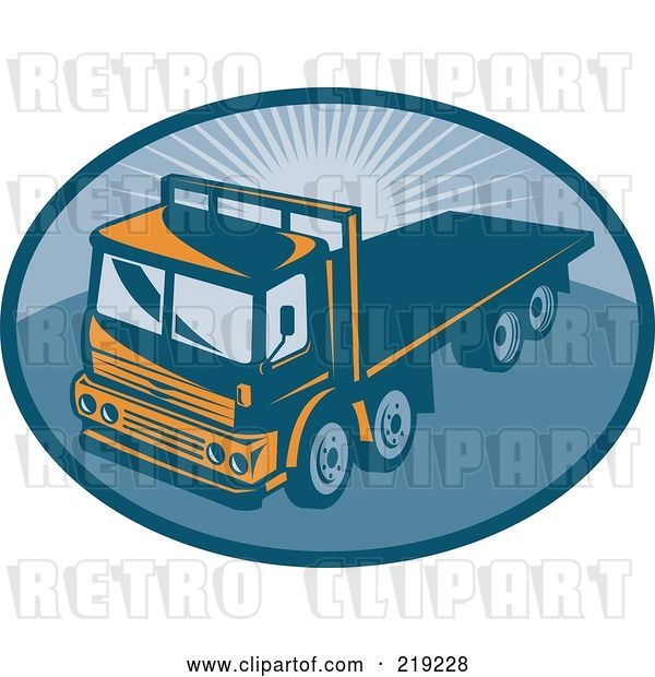 Vector Clip Art of Retro Orange and Blue Flatbed Big Rig Logo