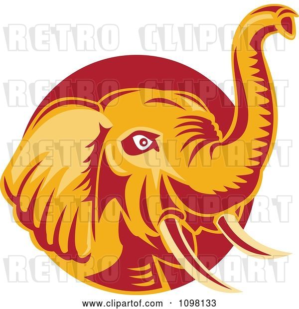 Vector Clip Art of Retro Orange and Red Elephant with a Raised Trunk