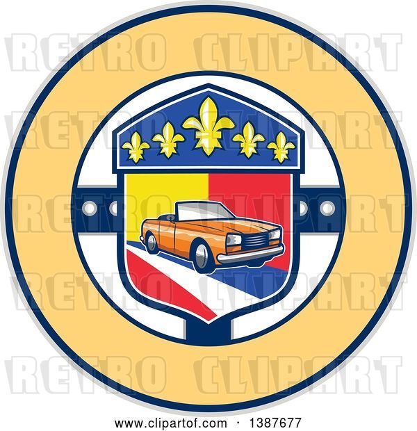 Vector Clip Art of Retro Orange Convertible Coupe Car in a French Coat of Arms with Fleur De Lis Flowers in a Circle