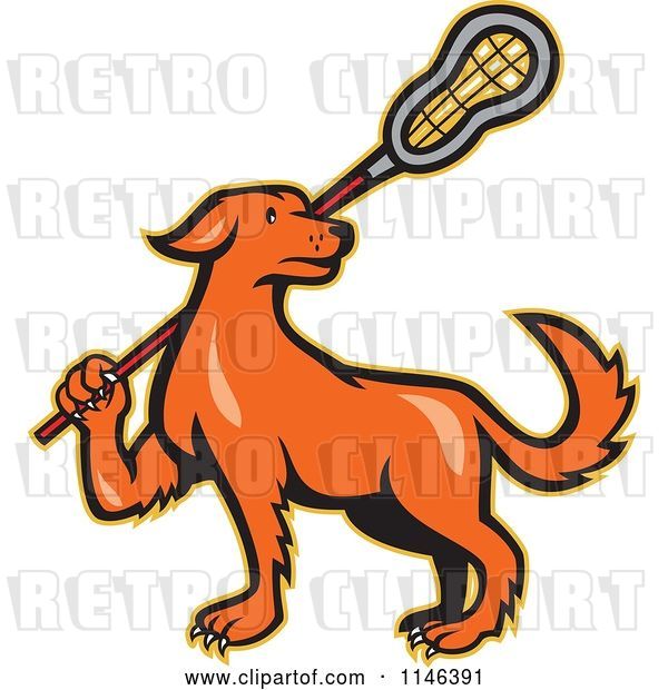 Vector Clip Art of Retro Orange Dog Carrying a Lacrosse Stick