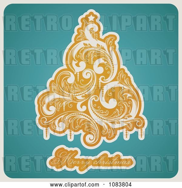Vector Clip Art of Retro Orange Flourish Tree Merry Christmas Text on Turquoise
