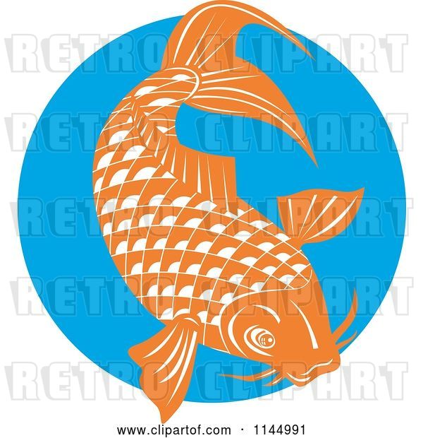 Vector Clip Art of Retro Orange Koi Fish over a Blue Circle
