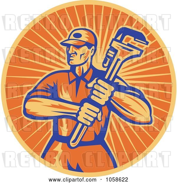 Vector Clip Art of Retro Orange Plumber and Wrench Logo