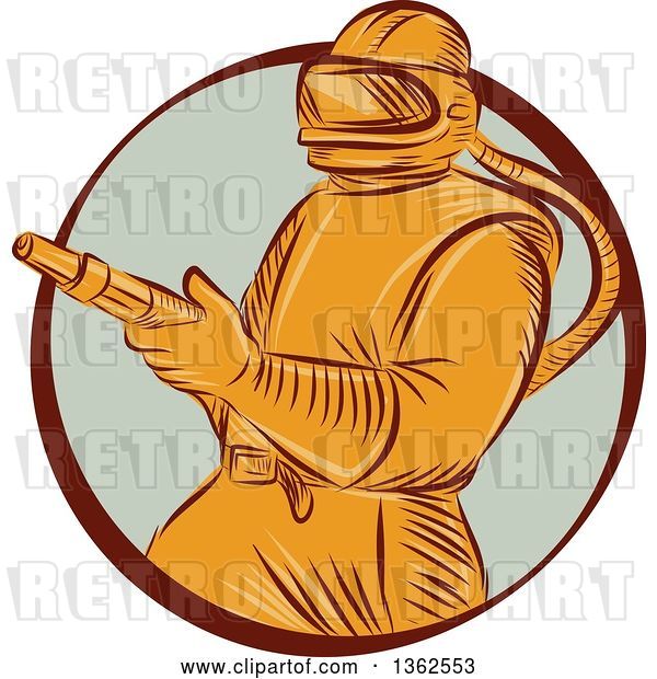 Vector Clip Art of Retro Orange Sandblaster Worker in a Brown and Pastel Green Circle