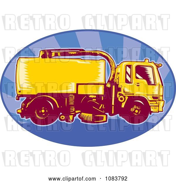 Vector Clip Art of Retro Orange Street Cleaner Machine and Blue Ray Oval