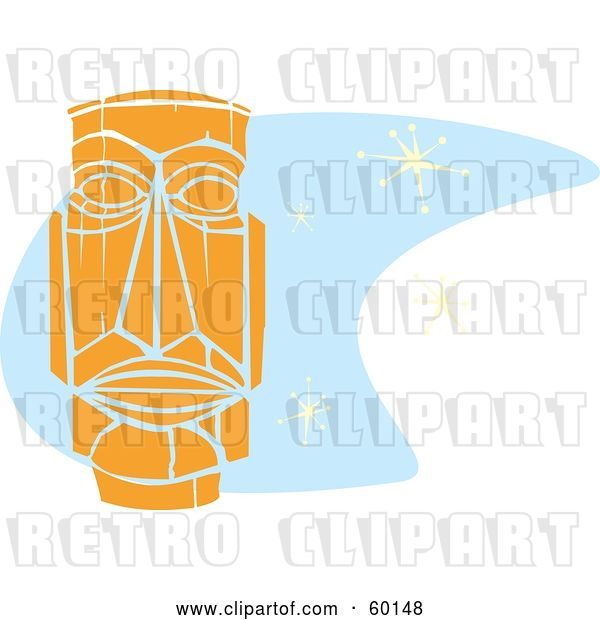 Vector Clip Art of Retro Orange Tiki Carving in Style, over Blue with Stars