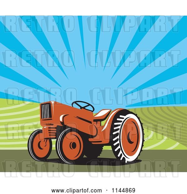 Vector Clip Art of Retro Orange Tractor in a Field 2
