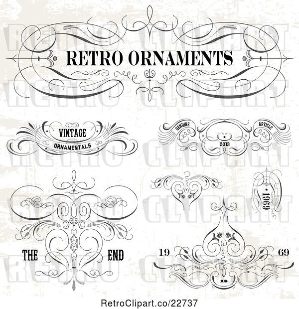 Vector Clip Art of Retro Ornaments Designs with Sample Text on a Distressed Background
