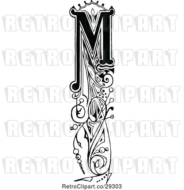 Vector Clip Art of Retro Ornate Vertical Alphabet Letter Floral M