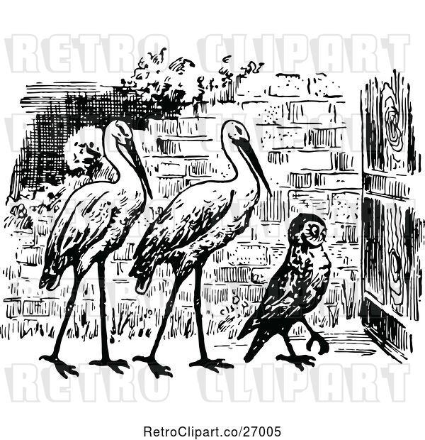 Vector Clip Art of Retro Owl and Storks