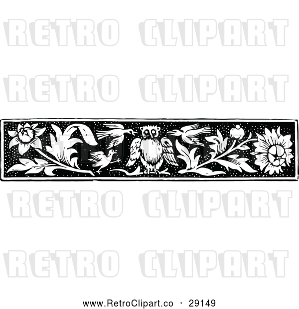 Vector Clip Art of Retro Owl Bird and Flower Border