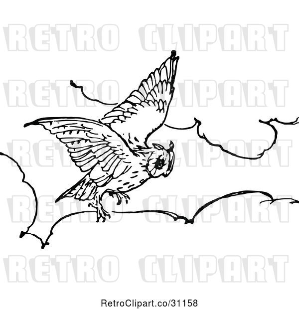 Vector Clip Art of Retro Owl Flying Above Clouds