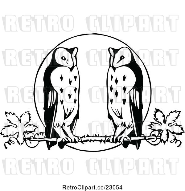 Vector Clip Art of Retro Owls Perched Against a Full Moon