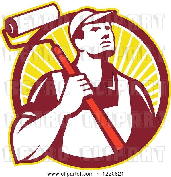 Vector Clip Art of Retro Painter Worker with a Roller Brush in a Circle of Sunshine