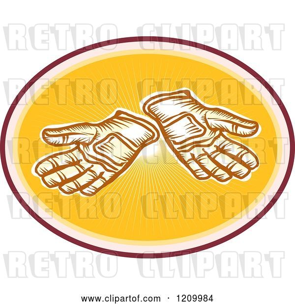Vector Clip Art of Retro Pair of Gloves in a Sunny Oval