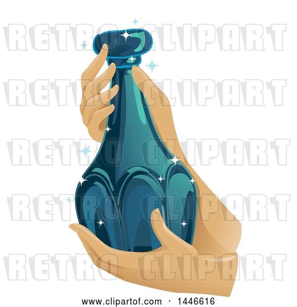Vector Clip Art of Retro Pair of Hands Gently Holding a Beautiful Blue Glass Bottle