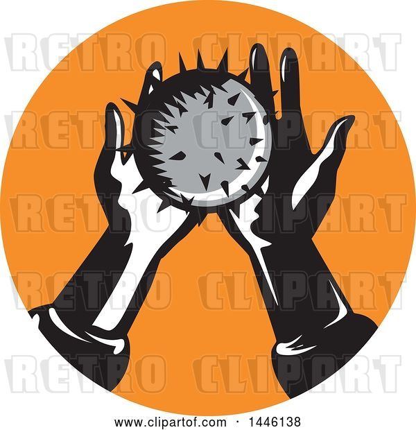 Vector Clip Art of Retro Pair of Hands Holding a Spiked Ball in an Orange Circle
