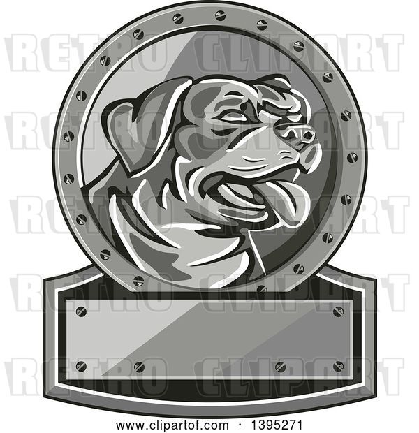 Vector Clip Art of Retro Panting Rottweiler Head in a Circle over a Plaque