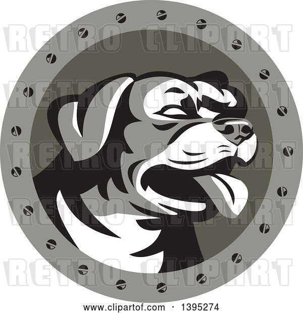 Vector Clip Art of Retro Panting Rottweiler Head in a Circle with Screws