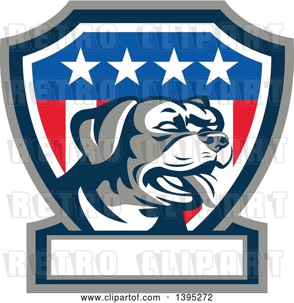 Vector Clip Art of Retro Panting Rottweiler Head in an American Shield with a Blank Banner