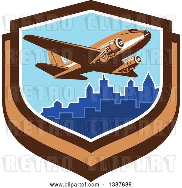 Vector Clip Art of Retro Passenger DC10 Airplane Flying over a City in a Shield