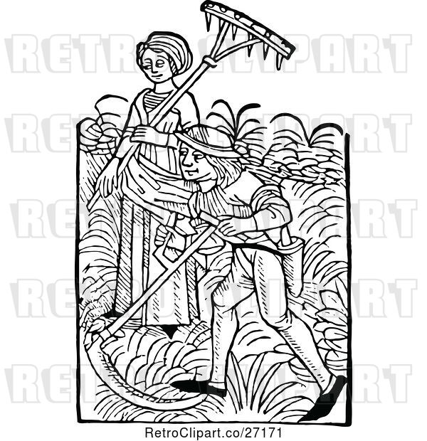 Vector Clip Art of Retro Peasant Workers with Farm Tools