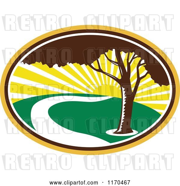 Vector Clip Art of Retro Pecan Tree and River Against a Sunrise
