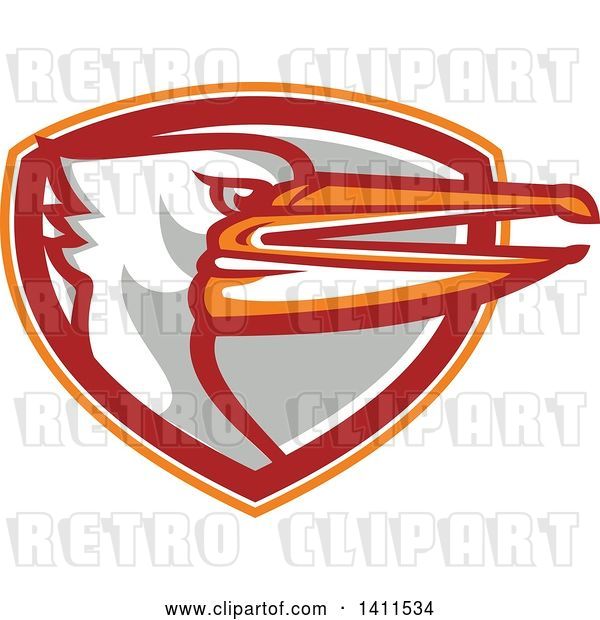 Vector Clip Art of Retro Pelican Bird Head Emerging from an Orange White Red and Gray Shield