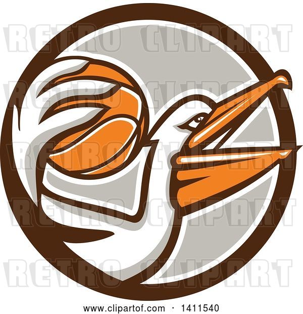 Vector Clip Art of Retro Pelican Bird Holding a Basketball in a Brown White and Gray Circle