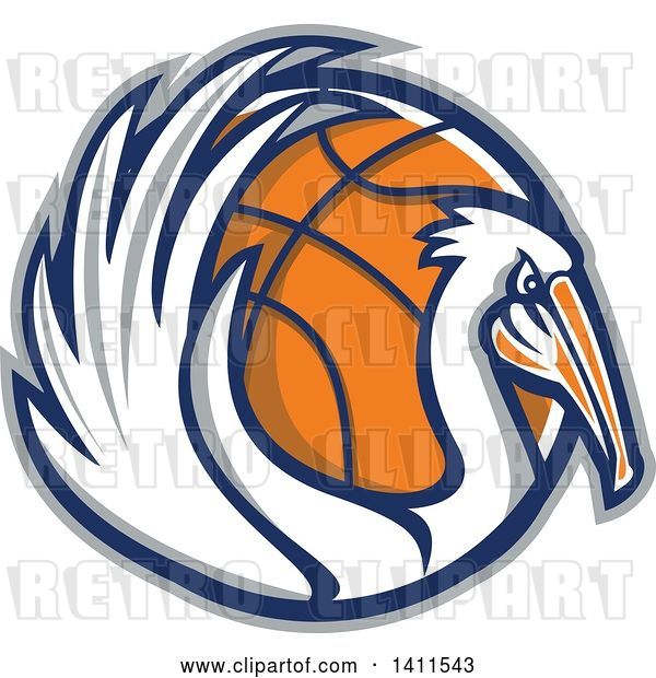 Vector Clip Art of Retro Pelican Bird Holding a Basketball in a Gray Blue and Orange Circle