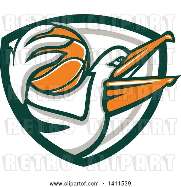 Vector Clip Art of Retro Pelican Bird Holding a Basketball in a Green White and Gray Shield