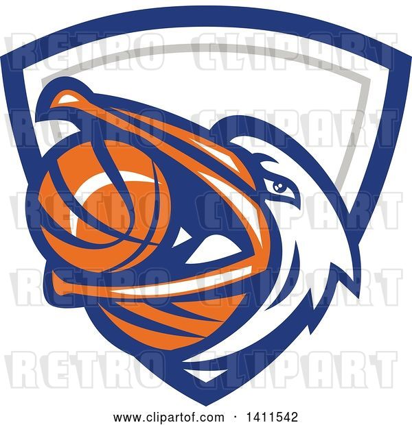 Vector Clip Art of Retro Pelican Bird Holding a Basketball in His Beak, in a Blue White and Gray Shield