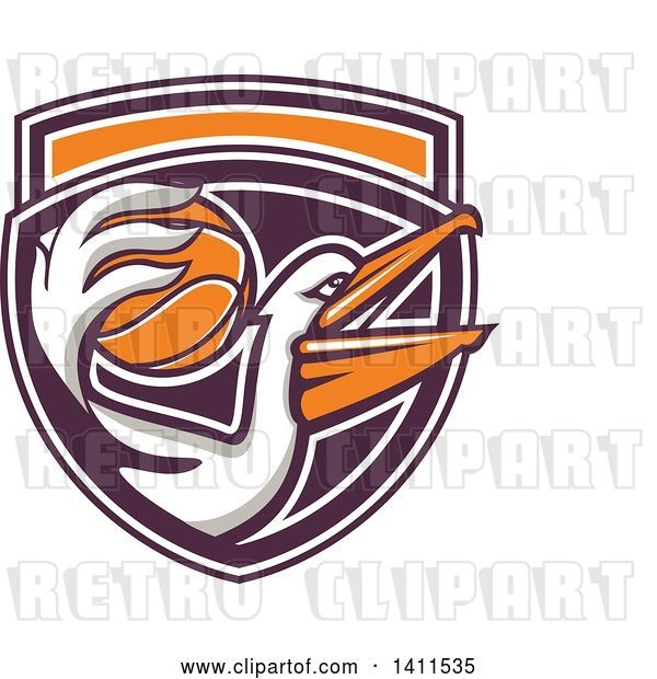 Vector Clip Art of Retro Pelican Bird Holding a Basketball in His Beak, in a Purple White and Orange Shield