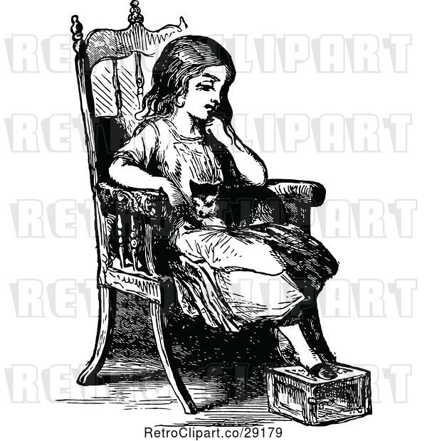 Vector Clip Art of Retro Pensive Girl and Cat in a Chair