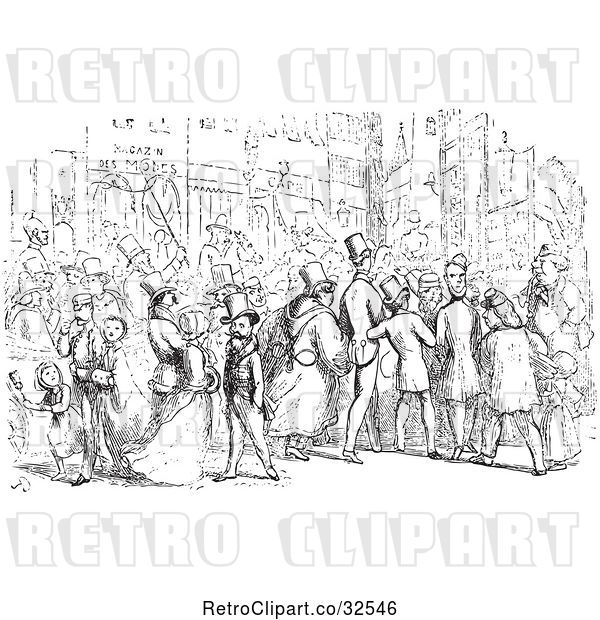 Vector Clip Art of Retro People in a Street in