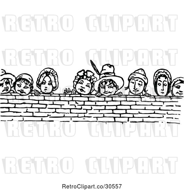 Vector Clip Art of Retro People Looking over a Brick Wall