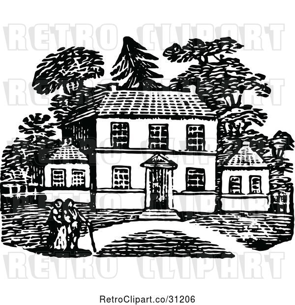 Vector Clip Art of Retro People Strolling near Their Country Home